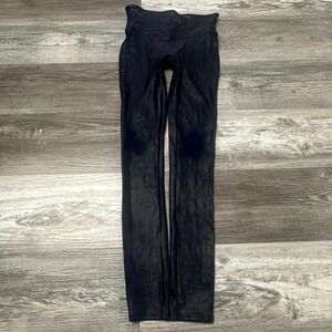 Spanx Shiny Black Womens S Stretch Faux Leather Hem Mid Rise Yoga Gym Legging‎